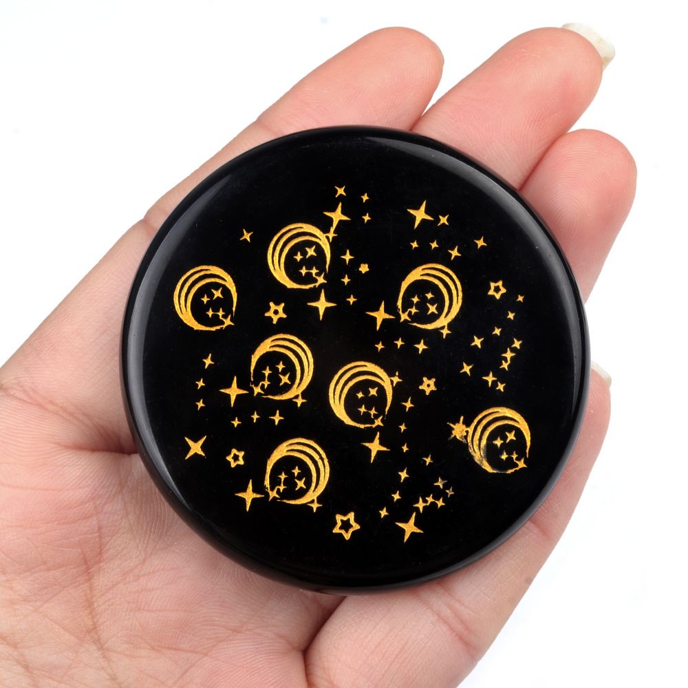 1771-Obsidiana 55mm gravura redonda e plana Árvore da Vida Estrela Lua Esteira de Pedra Enfeite de artesanato DIY