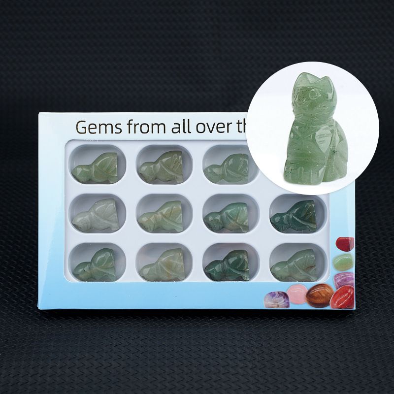 12 caixas de cor 1 polegada gravado cristal ágata jade gatinho ornamento animal conjunto de artesanato