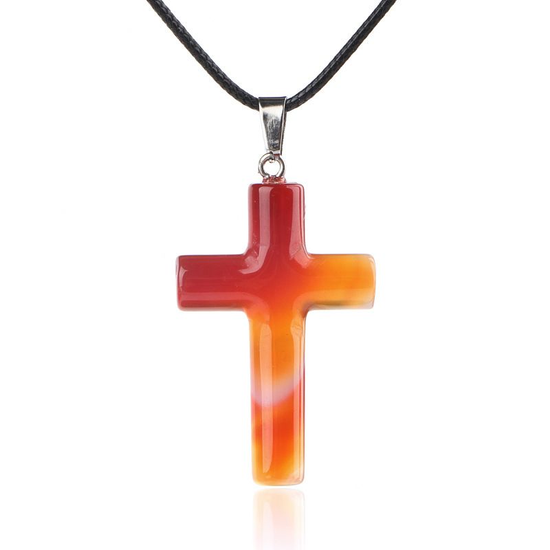 1488 Colar de cruz de cristal natural de 40 mm de venda quente elegante versátil grande pingente de cruz de ágata redonda