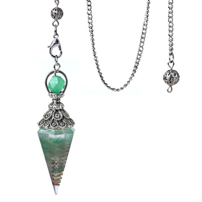 1924-Pêndulo de resina de cascalho colorido de cristal de prata antigo, pingente de cone hexagonal, transfronteiriço