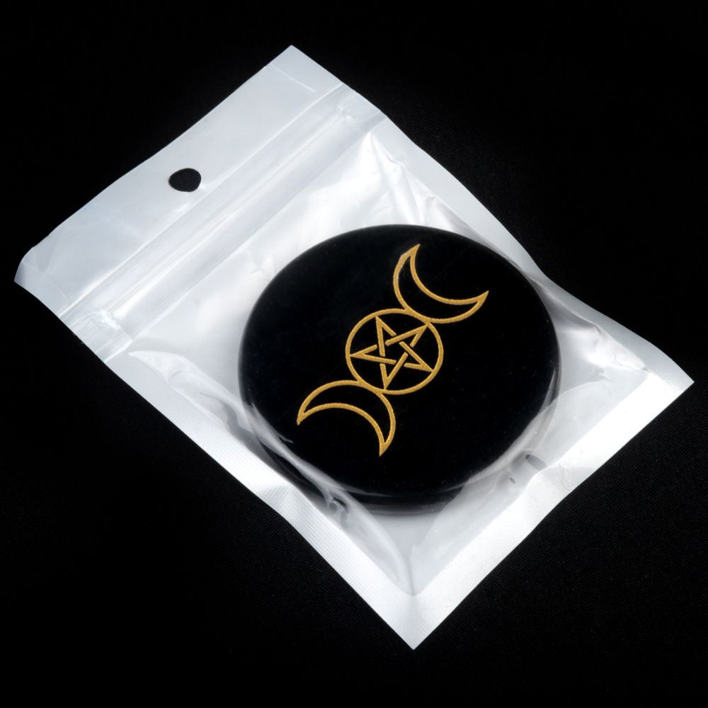 1771-Obsidiana 55mm gravura redonda e plana Árvore da Vida Estrela Lua Esteira de Pedra Enfeite de artesanato DIY