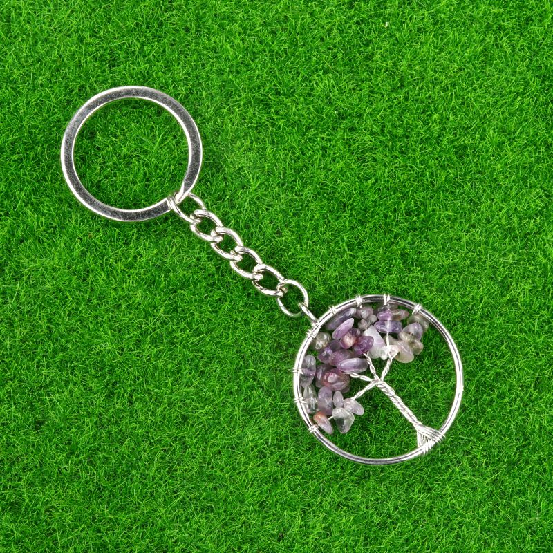 1699-Cabeça de pedra semi-preciosa de cristal natural Chaveiro da Árvore da Vida, pingente de pedra áspera tecido de cascalho, pingente de chaveiro.