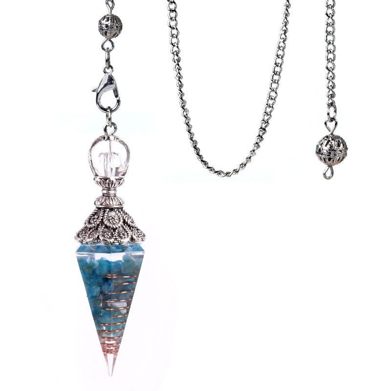 1924-Pêndulo de resina de cascalho colorido de cristal de prata antigo, pingente de cone hexagonal, transfronteiriço