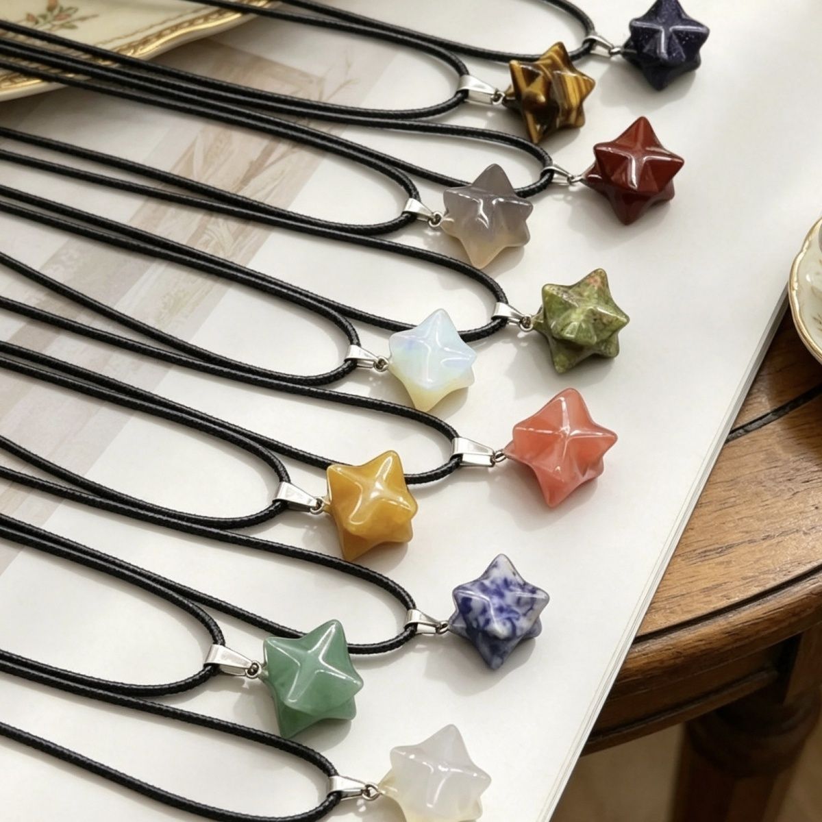 269-Ágata cristal tigre olho grande satélite merkaba pêndulo 3D tridimensional hexagrama pingente DIY acessórios