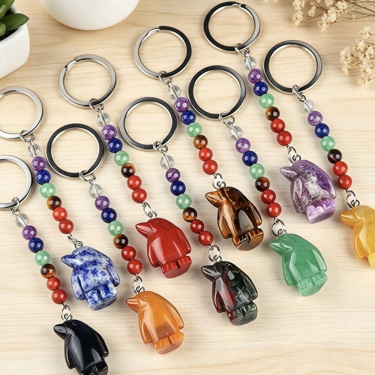 1961-Chaveiro de pinguim de pedra de cristal colorido, pingente de jóias de chakra, pingente de chaveiro de animal pequeno