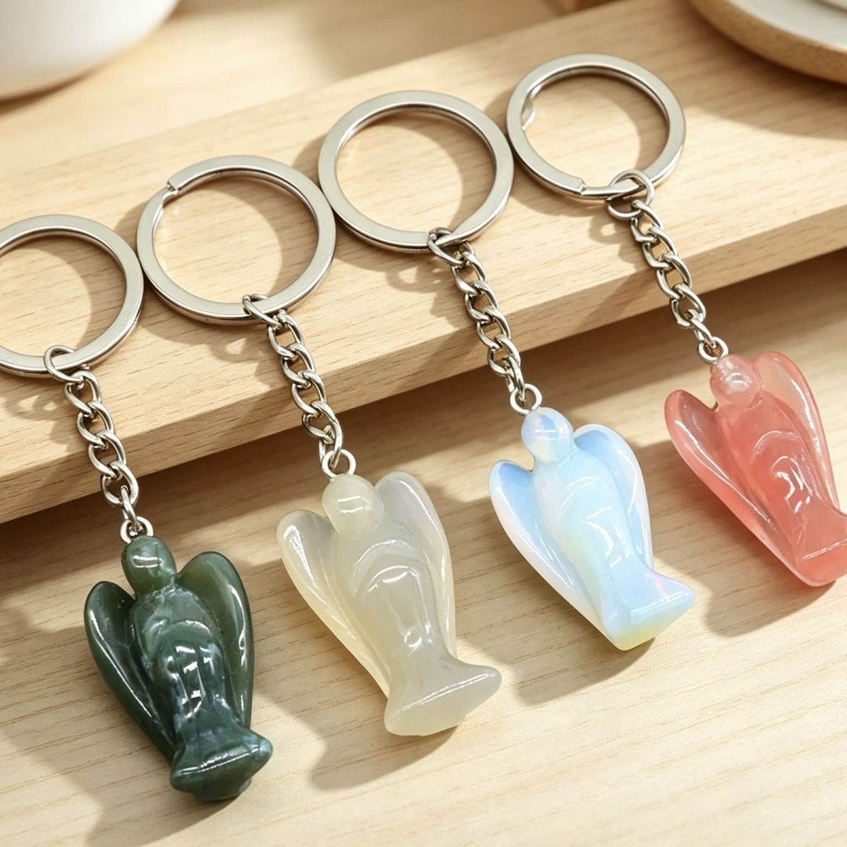Chaveiro de anjo gravado em pedra de ágata de cristal natural, pingente de bolsa de celular de anjo da guarda.