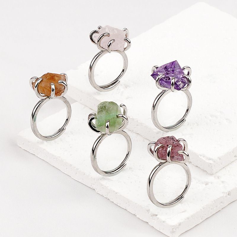 2342-Novo Anel de Ametista Natural Vintage Pedra De Cristal Áspera Suporte De Cobre De Seis Garras Anel Aberto