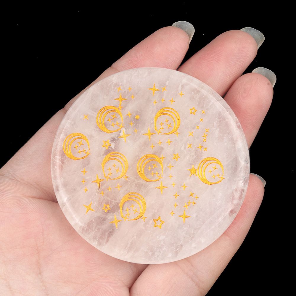 1921-Cristal branco 55mm redondo plano gravura árvore da vida estrelas lua pedra almofada enfeite de artesanato DIY