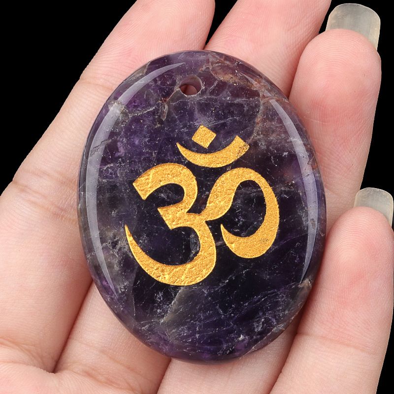 2338-Letras de ágata de cristal natural OM símbolo palma pedra yoga runa DIY chaveiro pingente acessórios