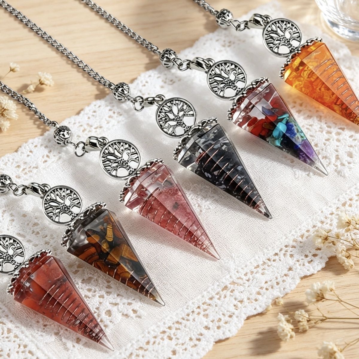 1769-Árvore da Vida Resina Pêndulo de cascalho, Pêndulo de cone hexagonal epóxi de ágata cristal