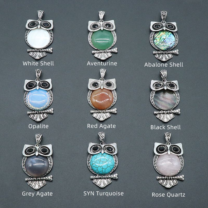 1545-Gem Coruja conjunto de gemas colar coruja, ágata de cristal semi-precioso multi-colorido pingente coruja