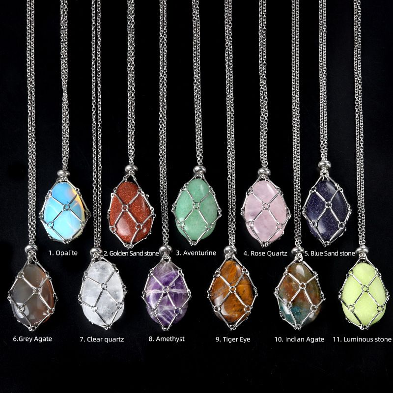 1720-Corrente de mão de aço inoxidável tecido malha colar de bolso de pedra de ágata cristal pingente de gota de água pode ser substituído por pedra bruta