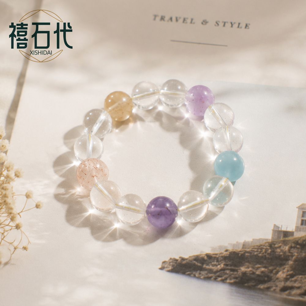 [Xishi Dai] Pulseira de Cristal Duobao Natural, Cristal Branco Ametista, Cristal de Cabelo Dourado, Recrutamento de Negócios de Flor de Pêssego