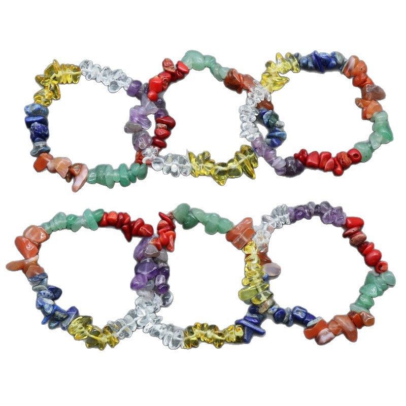 1521-Pulseira de cascalho colorido de pedra de cristal natural, pulseira de cascalho irregular colorido, pulseira de chakra de 7 cores.