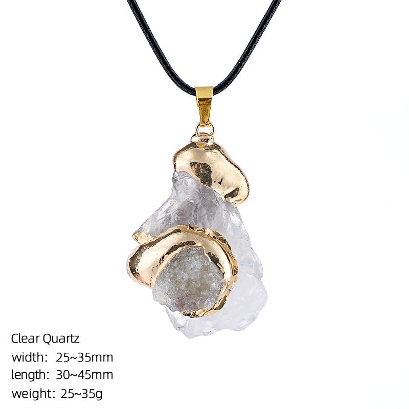Colar de cristal natural, retro dourado incrustado grande pedra áspera irregular batida à mão pingente de pedra natural.