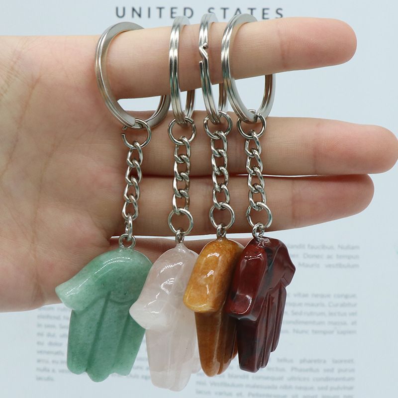 1051-Fátima Mão Keychain Cristal Natural Pedra Palma Keychain, Escultura em Pedra, Bolsa Pingente