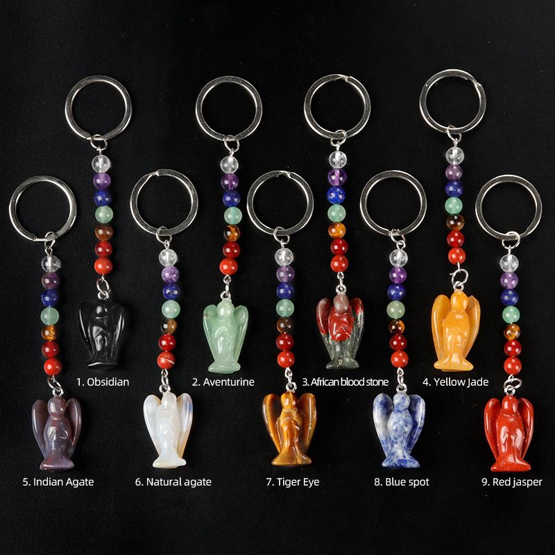 1715-Chaveiro de Anjo Chakra, Chaveiro de Anjo Gravado em Pedra Semi-Preciosa Natural, Pingente de Anjo da Guarda