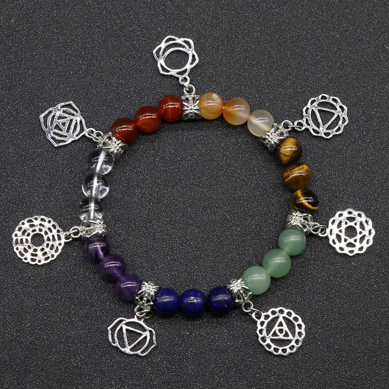 387-7Pulseira de chakra de pedra de cristal natural Chakela, joias de ioga, pulseira de pedra colorida de ágata de cristal.
