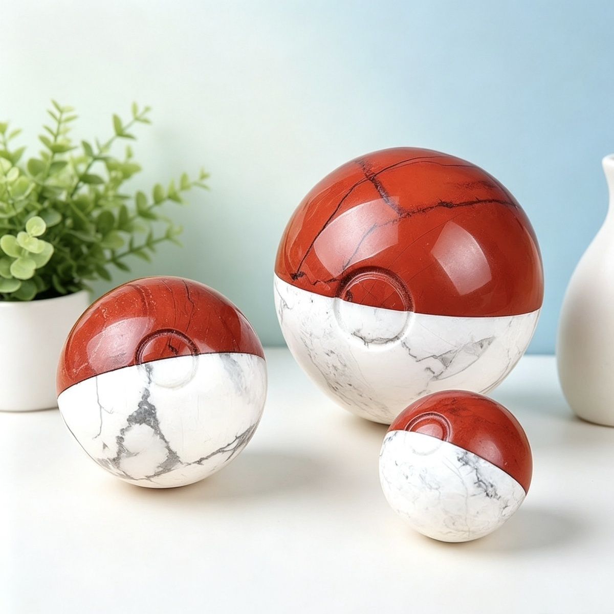 1638-Bola de emenda de jaspe vermelho de pinho branco natural, bola de jogo de elfo mágico de pedra semipreciosa de duas cores bola vermelha e branca