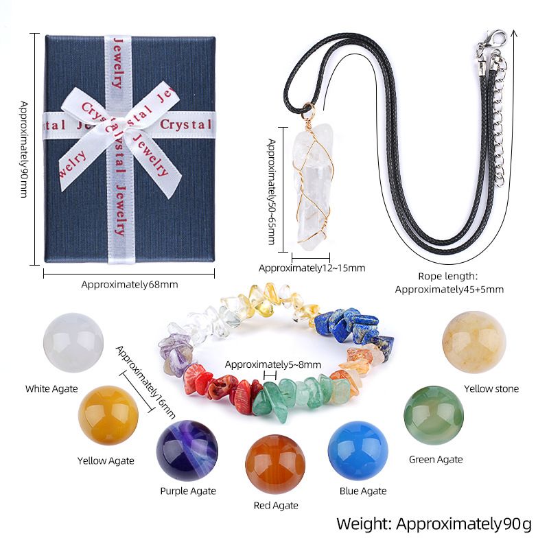 2409 Conjunto de combinação de ágata de pedra semipreciosa de cristal colorido, pedra rolante de ponta dupla, chakra de meditação de ioga de sete veias, caixa de presente correspondente.