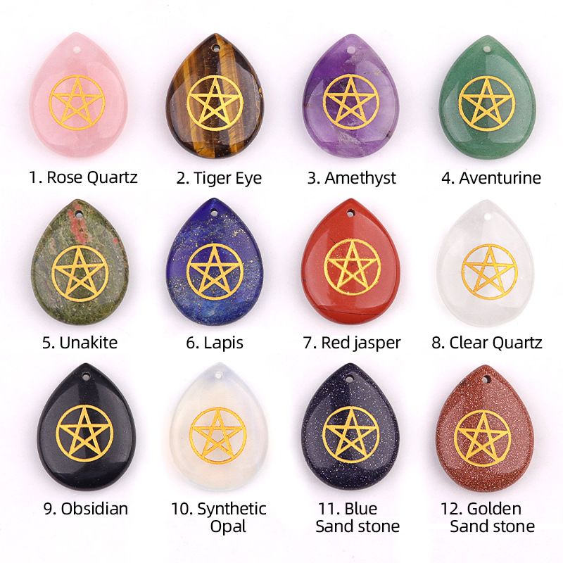 2190-Pentacle roxo rosa branco cristal gravado pentagrama símbolo gota de água pingente colar DIY pingente de jóias