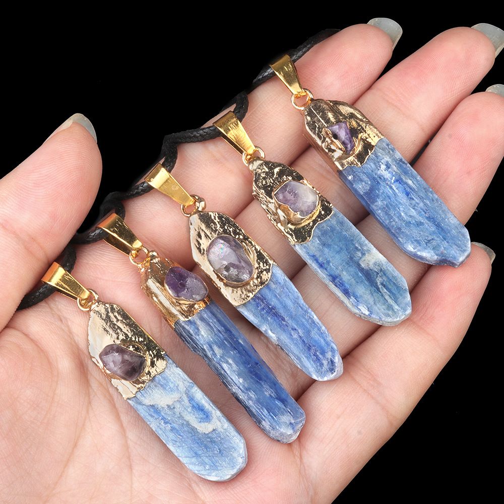 Natural irregular kyanite colar dourado bainha jóias longo pedra áspera azul cristal colar jóias