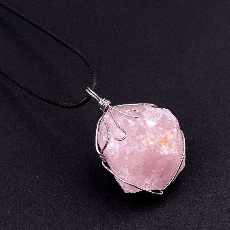 1414-Pingente de seda com enrolamento de pedra áspera citrina, ametista branca rosa fluorita Dongling jade acessórios de colar de pedra irregular