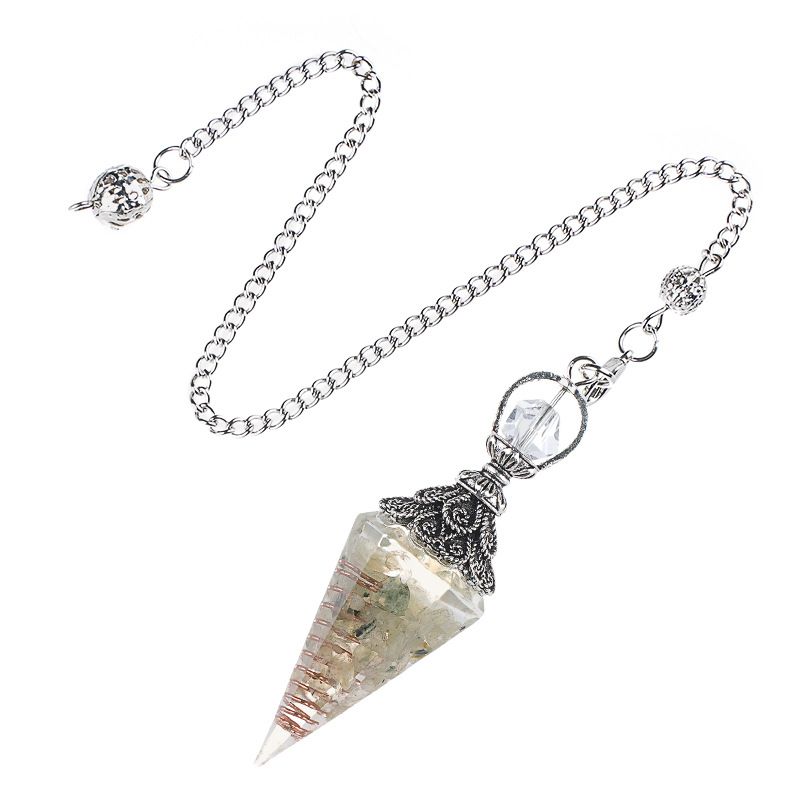 Pêndulo de cristal natural Pêndulo de resina de cone hexagonal de prata antiga envolto em epóxi