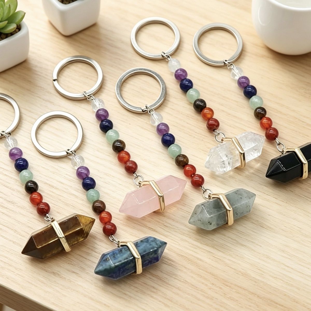 1105-Rose Quartz chaveiro de cristal ágata colorido pedra dupla pontiaguda hexagonal cone pingente chaveiro