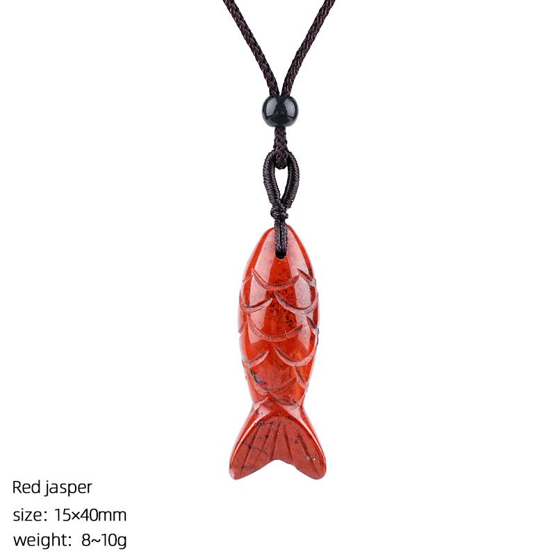 Colar de peixe pequeno de pedra semi-preciosa natural de 40Mm, colar de corda trançada ajustável, pingente de peixe pequeno de ágata tridimensional com gravura em pedra ágata.