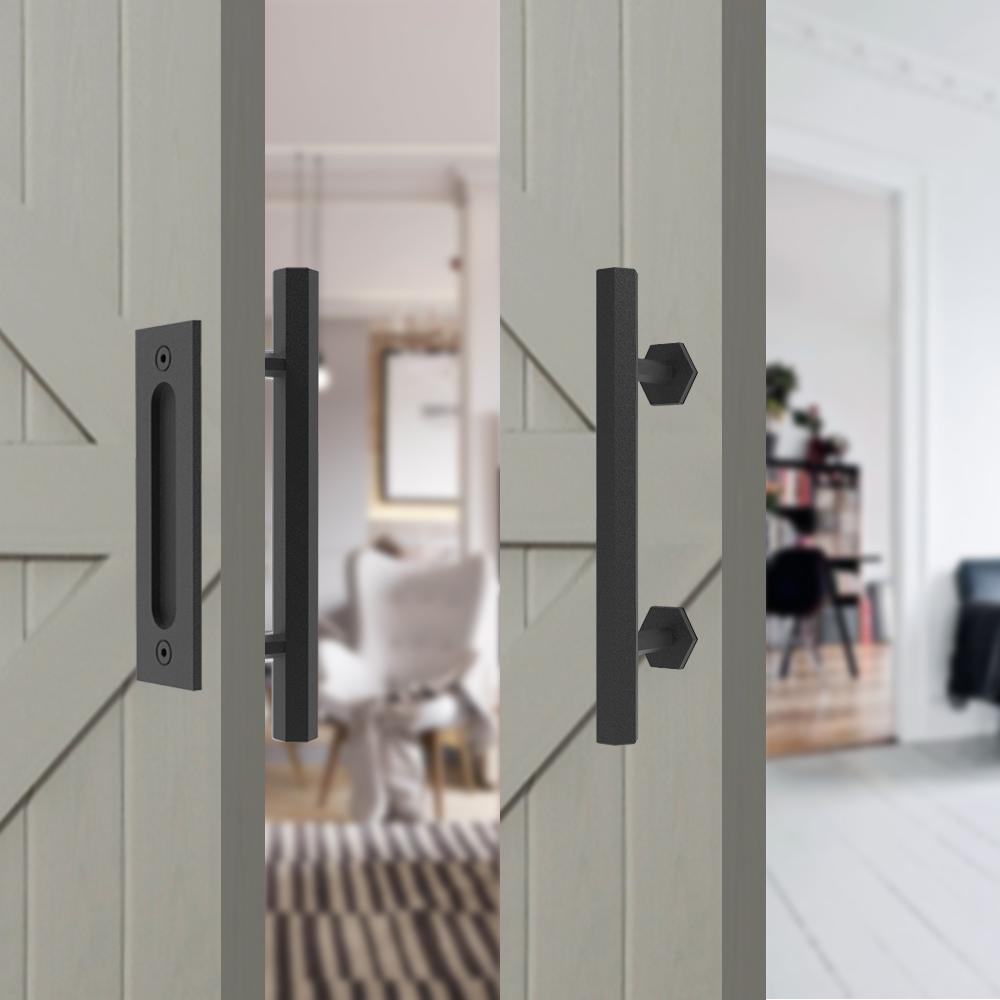 10 in. Black Hexagon Pull and Flush Sliding Barn Door Handle Set