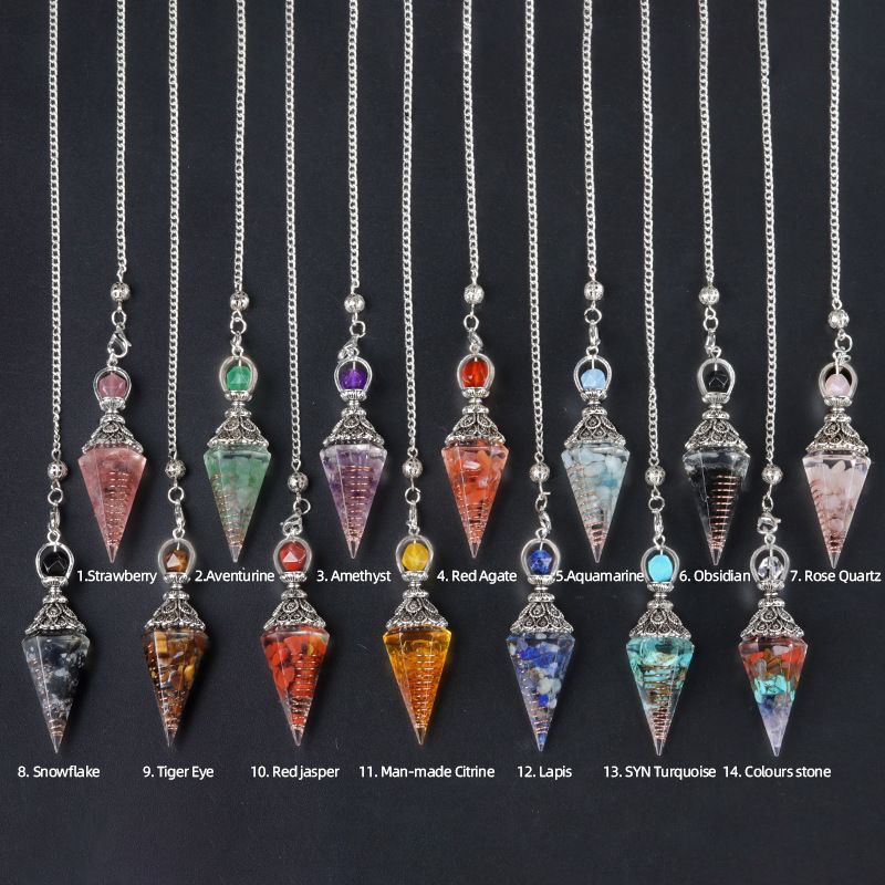 1924-Pêndulo de resina de cascalho colorido de cristal de prata antigo, pingente de cone hexagonal, transfronteiriço