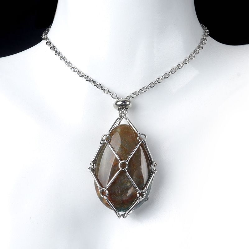 1720-Corrente de mão de aço inoxidável tecido malha colar de bolso de pedra de ágata cristal pingente de gota de água pode ser substituído por pedra bruta