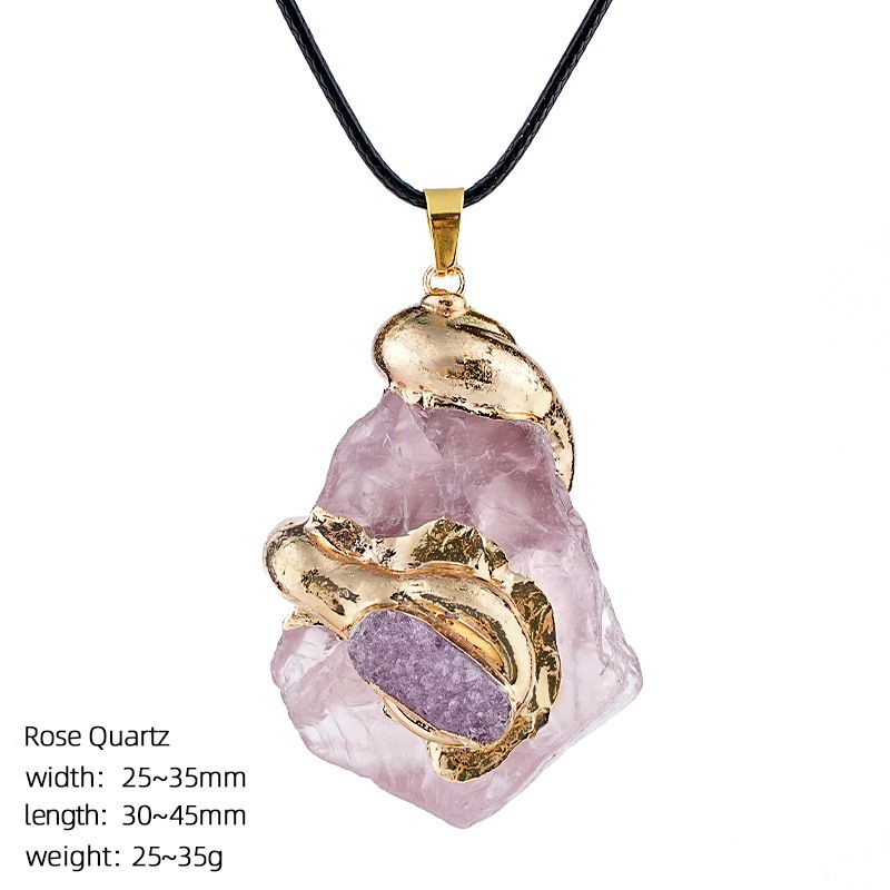 Colar de cristal natural, retro dourado incrustado grande pedra áspera irregular batida à mão pingente de pedra natural.