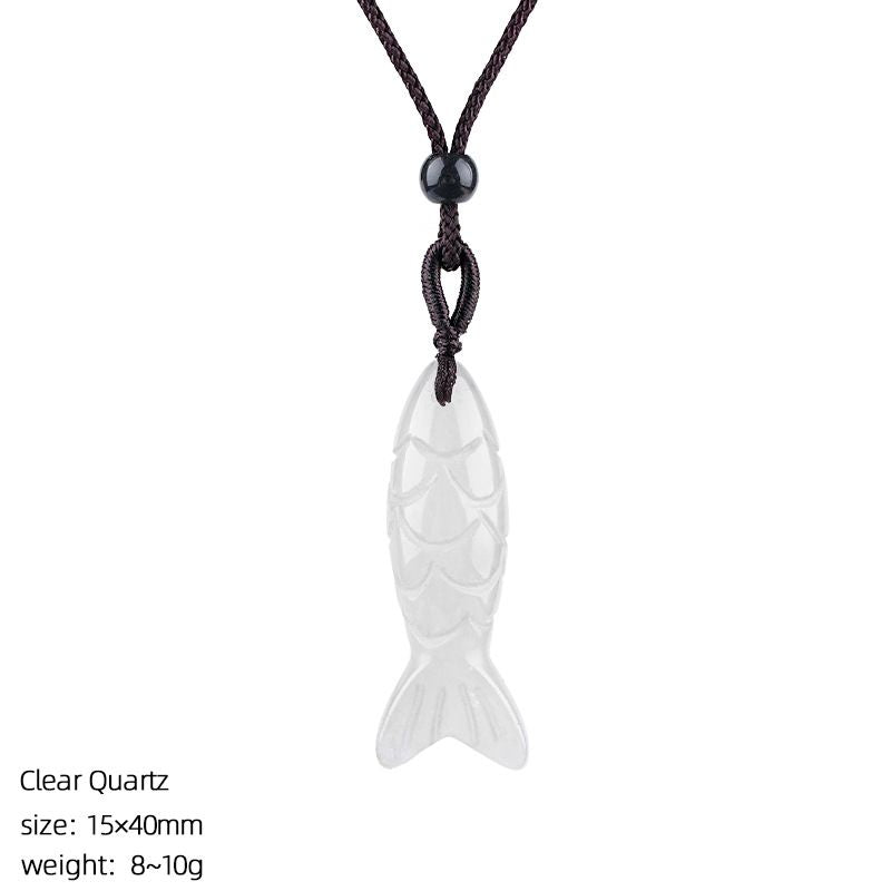 Colar de peixe pequeno de pedra semi-preciosa natural de 40Mm, colar de corda trançada ajustável, pingente de peixe pequeno de ágata tridimensional com gravura em pedra ágata.