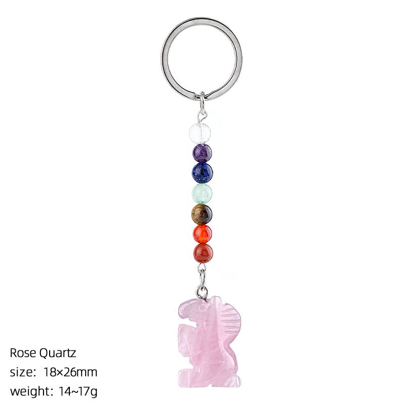 Chaveiro de pônei de jade natural, acessórios de chakra de contas redondas coloridas, pingente de pônei de ágata de cristal gravado.
