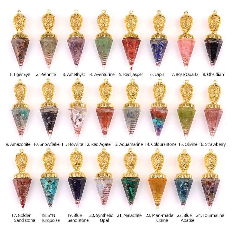 Jóias Pêndulo De Ouro Cristal Natural Ágata Resina De Pedra Semi-preciosa Pingente De Cone Hexagonal