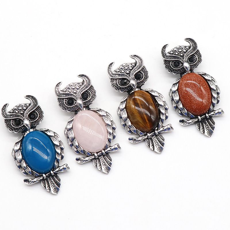 1208-Coruja gem Broche de Cristal Natural Coruja Broche, Alloy Set Pingente de Pedra Preciosa Pin