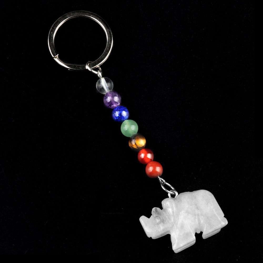 1960-Chaveiro de rinoceronte de pedra de cristal colorido, pingente de jóias de chakra, pingente de chaveiro de animal pequeno