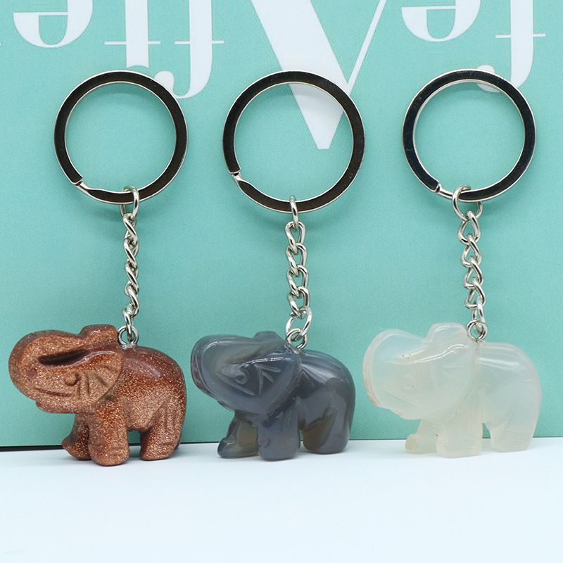 Pingente de chaveiro de elefante com cabeça de ágata de cristal natural, pingente de bolsa de elefante gravada tridimensional.