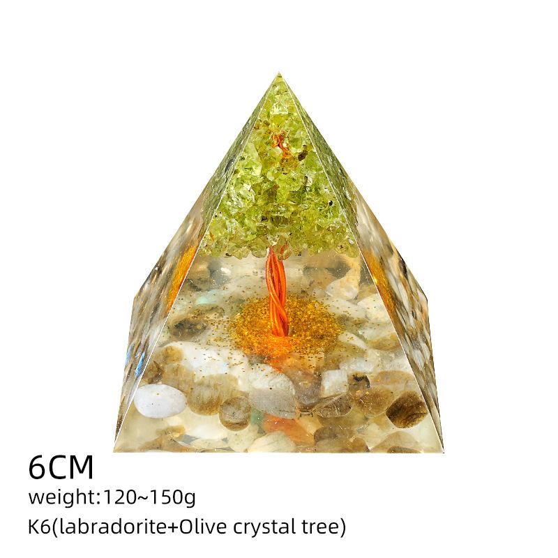 1416-K Olive Crystal Árvore da Vida Ornamento Pirâmide Resina Cola Envolvida Cristal Ágata Cascalho Ornamento Casa
