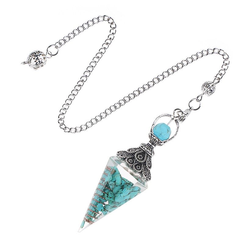 Pêndulo de cristal natural Pêndulo de resina de cone hexagonal de prata antiga envolto em epóxi