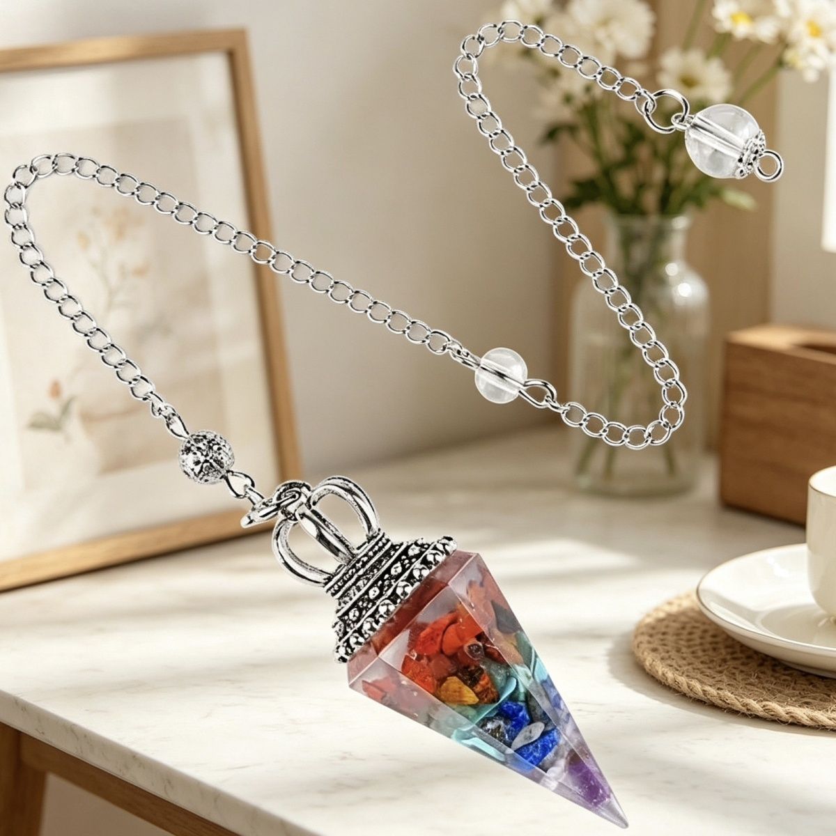Hot Sale Pingente de Pêndulo de Cristal Natural Crown Yoga Acessórios de Meditação Hexagonal Cone Ajustável Resina de Freqüência Pêndulo