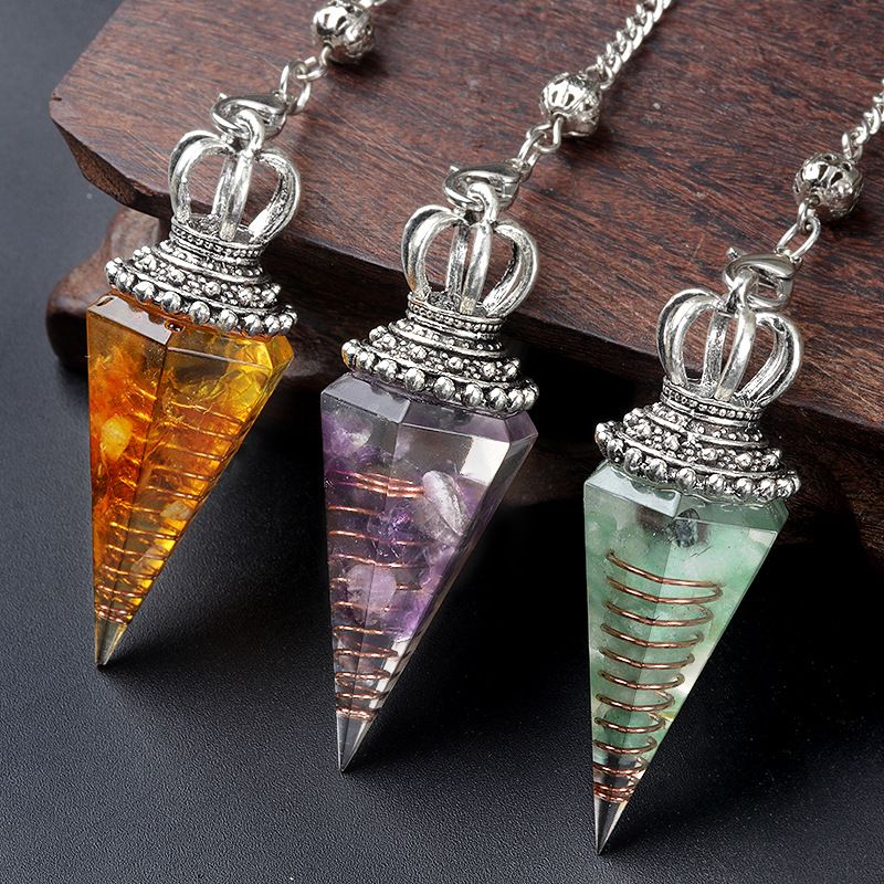 1645-Pêndulo de alma, pêndulo de resina de cascalho cristal, pêndulo de chakra cônico hexagonal