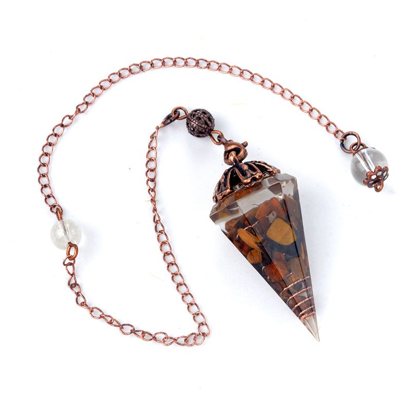1697-Pêndulo de cristal colorido pêndulo de bandeja de flor de cobre vermelho antigo, pêndulo de cone hexagonal de resina de cascalho natural