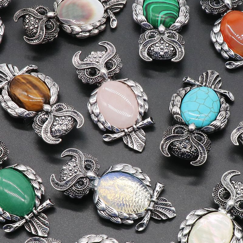 1208-Coruja gem Broche de Cristal Natural Coruja Broche, Alloy Set Pingente de Pedra Preciosa Pin