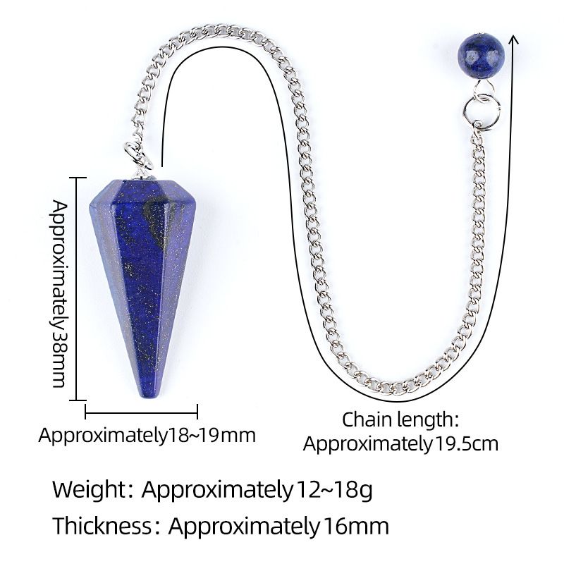 Pingente de pêndulo de cristal natural 38 mm Pedra preciosa de cone hexagonal com corrente Yoga Meditação Pêndulo de frequência ajustável