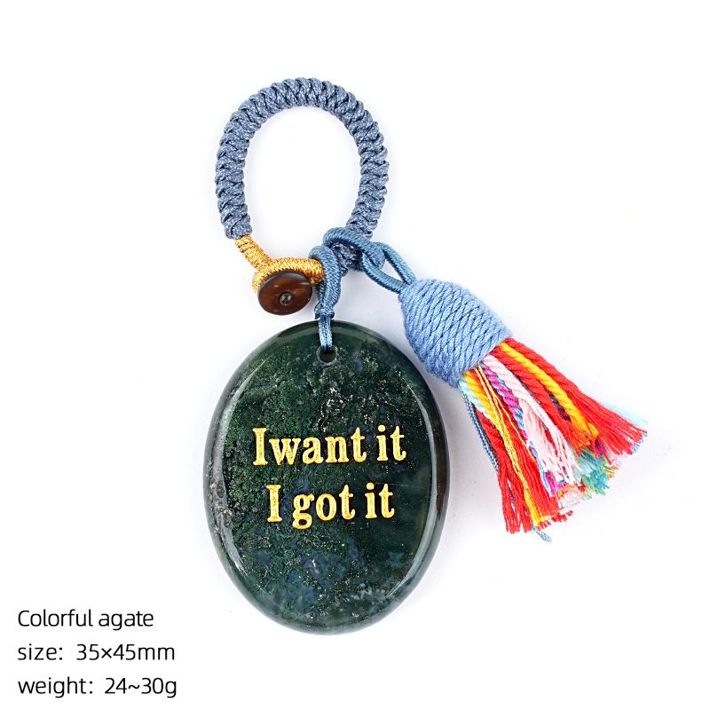2454 Chaveiro de pedra de cristal natural com letras de ágata pingente de carro, pingente de bolsa de pedra mindfulness.