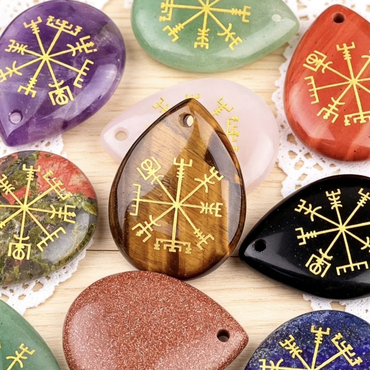 2112-Gravura de cristal em pó de ametista natural Vegvisir Símbolo Viking marca de direção pingente de gota de água DIY jóias