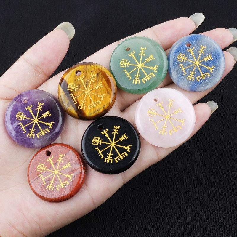 Olho de tigre de ametista natural 30mm símbolo Viking disco pingente marca de direção decoração para casa acessórios pingente